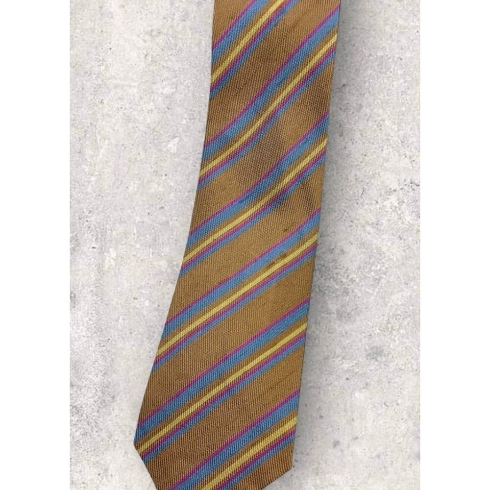 EMILIO PUCCI VINTAGE Shantung Silk Tie ITALY Brown Blue Striped W:3.1" EUC - Picture 4 of 4